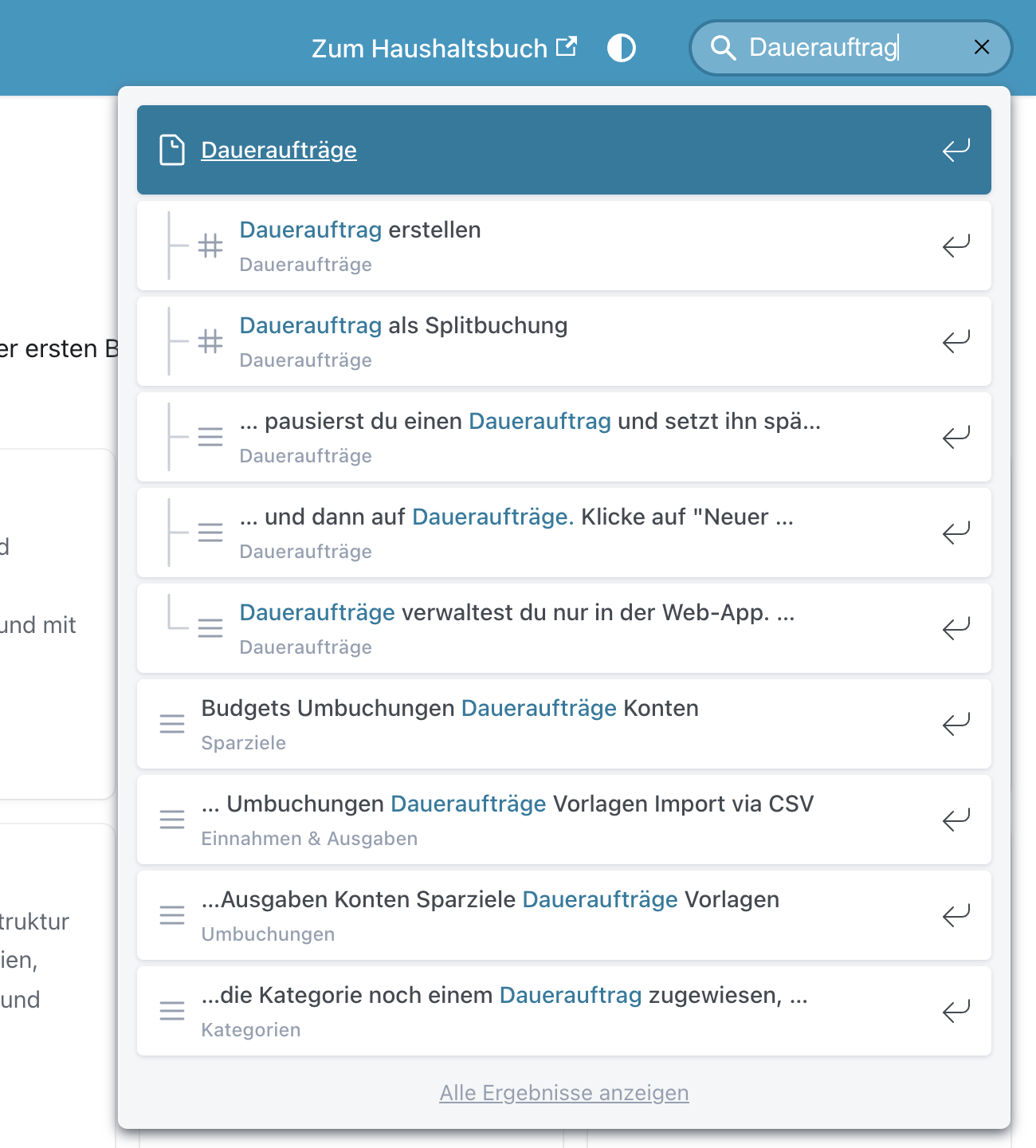 Die Suche im Handbuch mit Treffern für den Begriff Dauerauftrag