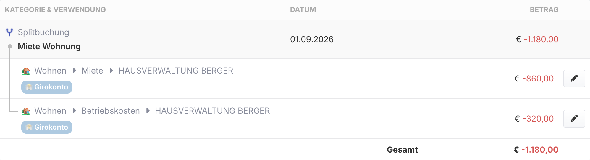 Details eines Dauerauftrags mit aufgeklappter Splitbuchung